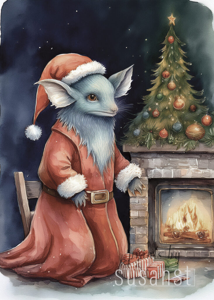 A Christmas card with a monster around the fireplace