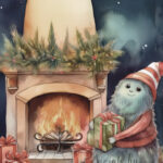 A Christmas card with a monster around the fireplace