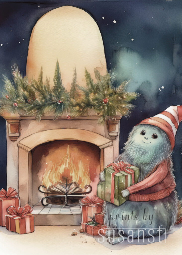 A Christmas card with a monster around the fireplace