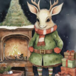 A Christmas card with a monster around the fireplace