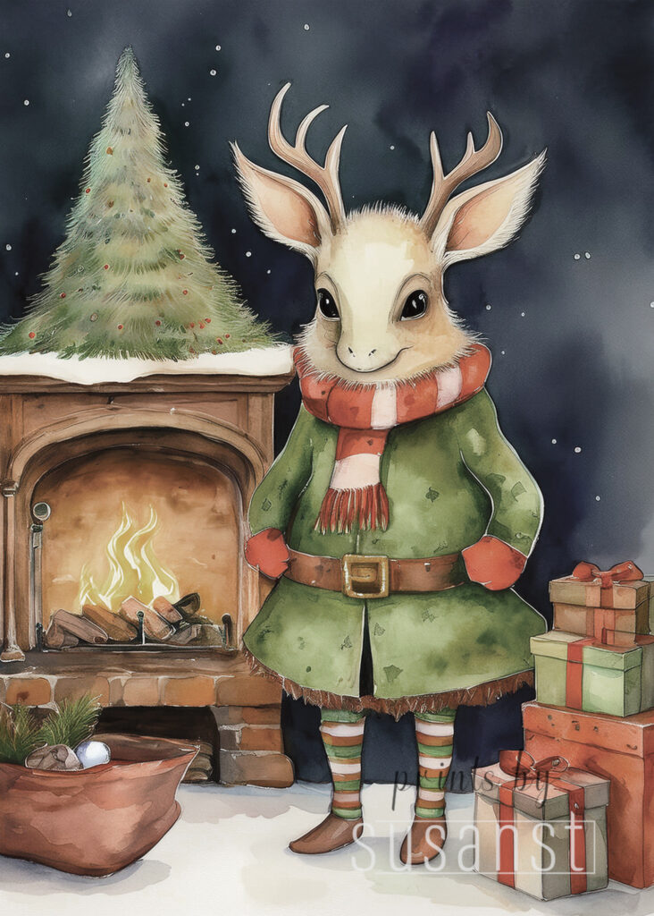 A Christmas card with a monster around the fireplace