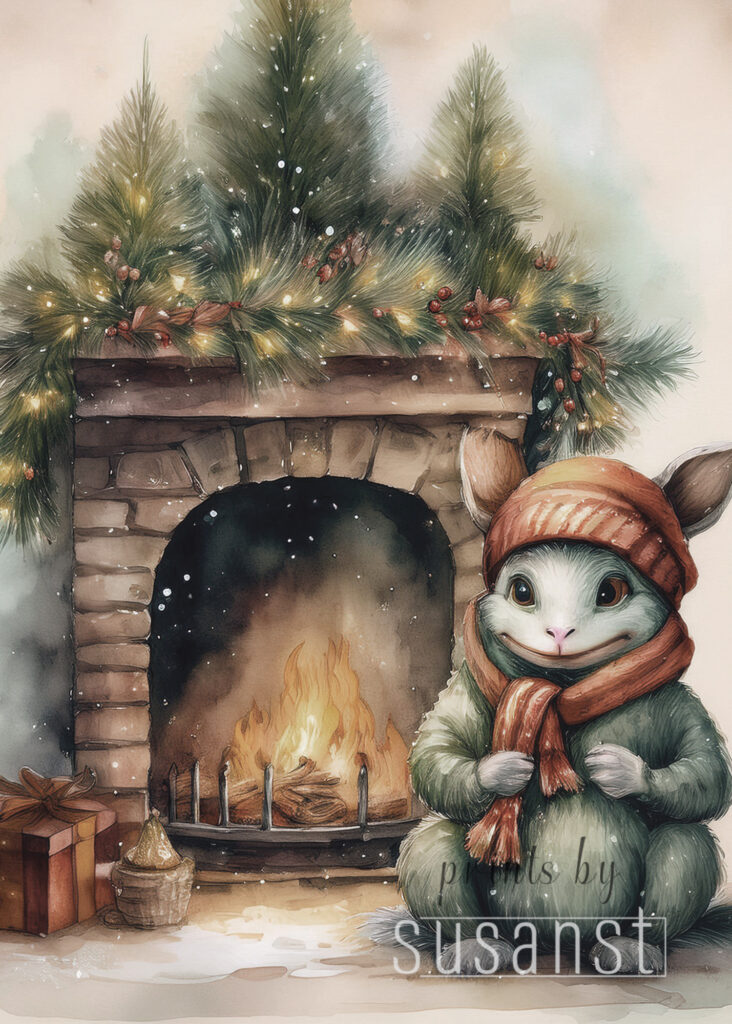 A Christmas card with a monster around the fireplace