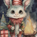 A Christmas card with a monster around the fireplace