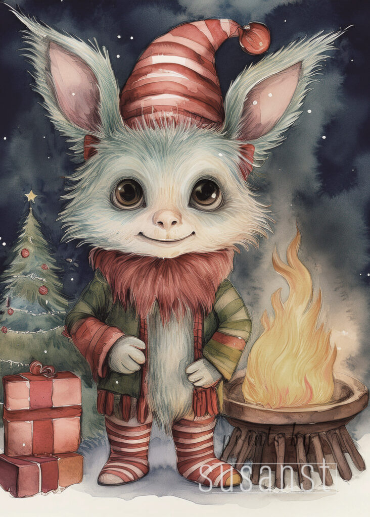 A Christmas card with a monster around the fireplace