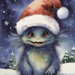 A Christmas card with a monster with a christmas hat