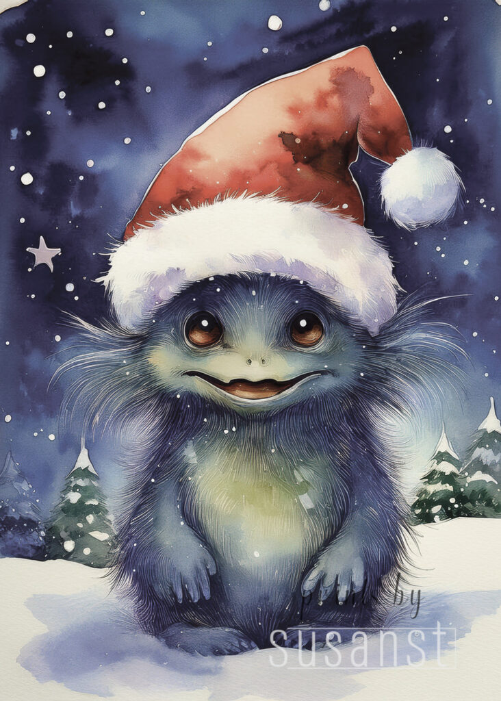 A Christmas card with a monster with a christmas hat