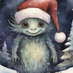 A Christmas card with a monster with a christmas hat