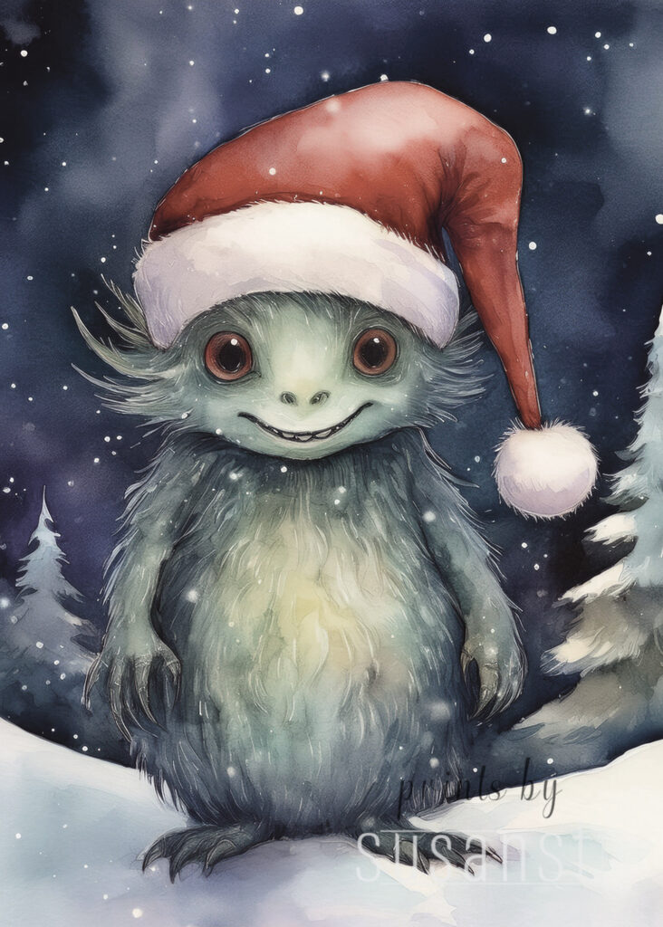 A Christmas card with a monster with a christmas hat