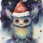 A Christmas card with a monster with a christmas hat