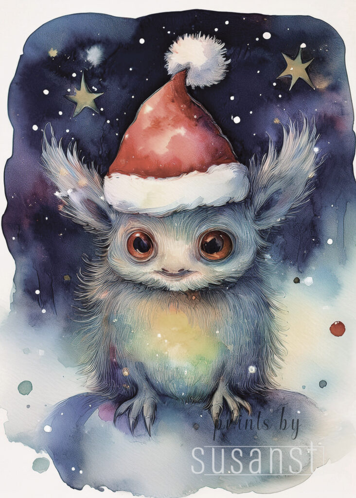 A Christmas card with a monster with a christmas hat