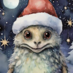 A Christmas card with a monster with a christmas hat