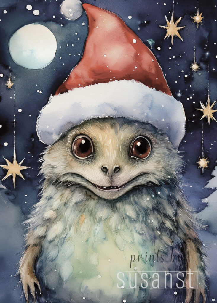 A Christmas card with a monster with a christmas hat