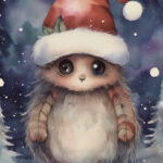 A Christmas card with a monster with a christmas hat