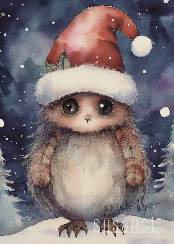 A Christmas card with a monster with a christmas hat