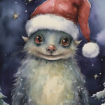 A Christmas card with a monster with a christmas hat