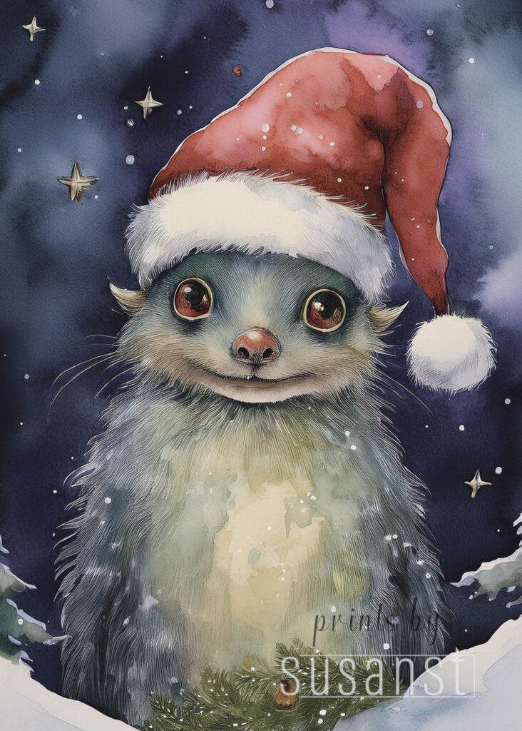 A Christmas card with a monster with a christmas hat