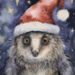 A Christmas card with a monster with a christmas hat