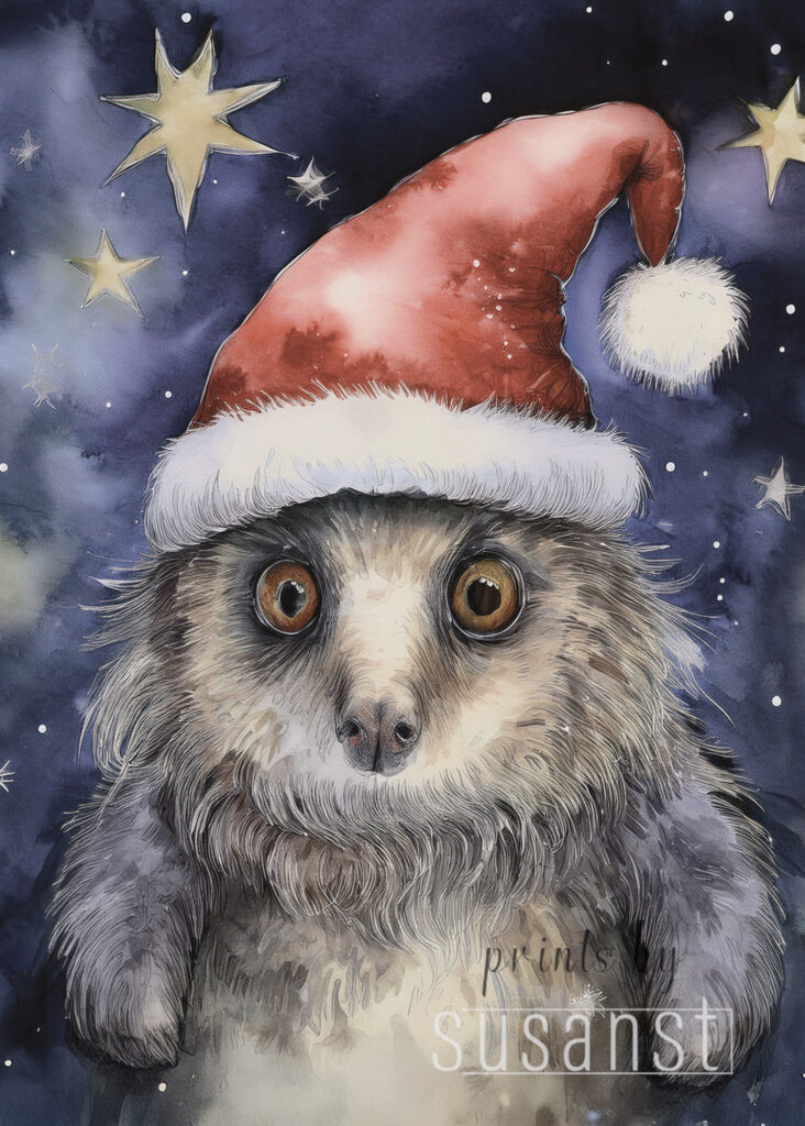 A Christmas card with a monster with a christmas hat
