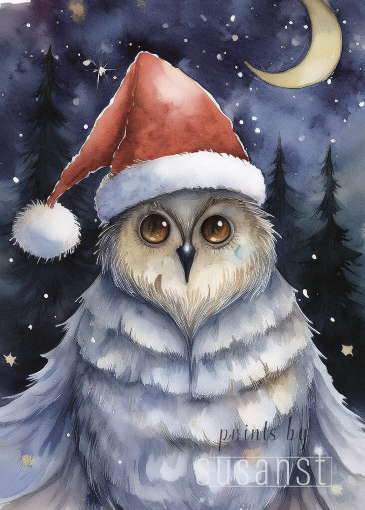 A Christmas card with a monster with a christmas hat