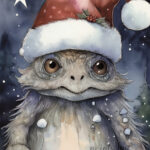 A Christmas card with a monster with a christmas hat