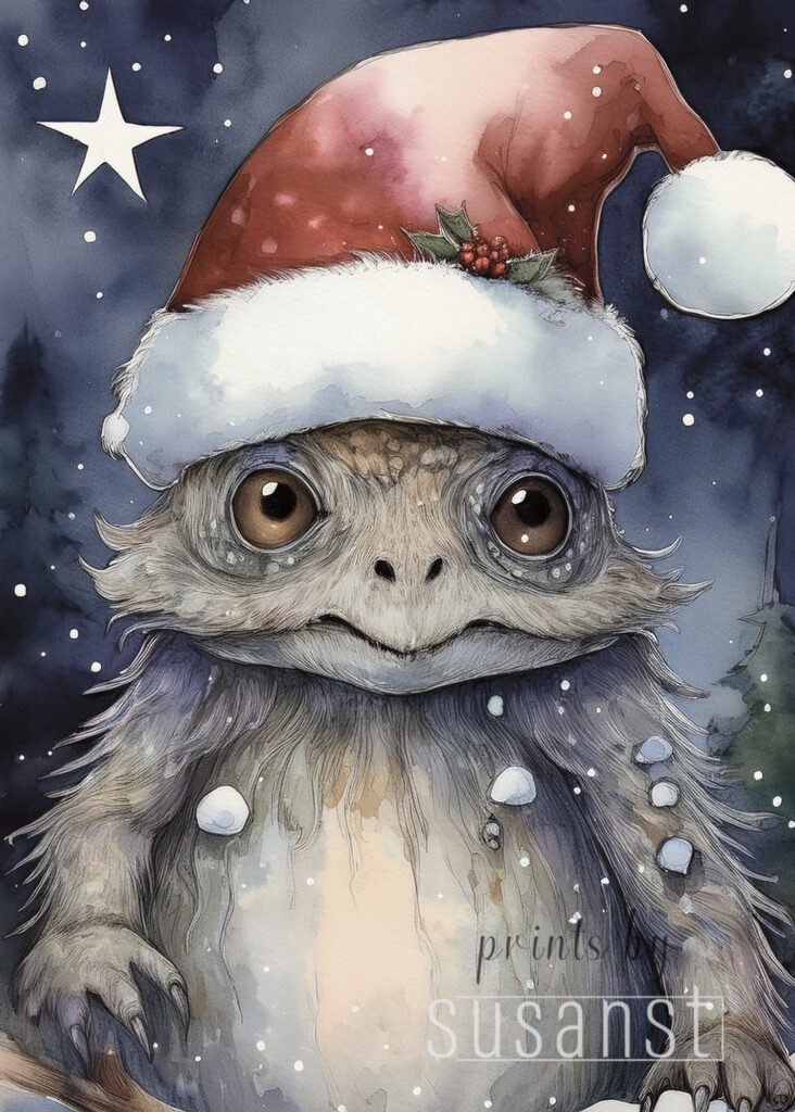 A Christmas card with a monster with a christmas hat