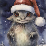 A Christmas card with a monster with a christmas hat