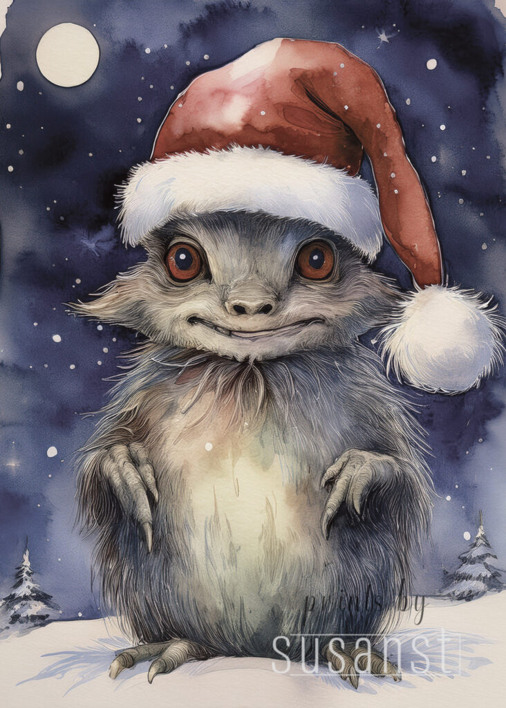 A Christmas card with a monster with a christmas hat
