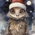 A Christmas card with a monster with a christmas hat