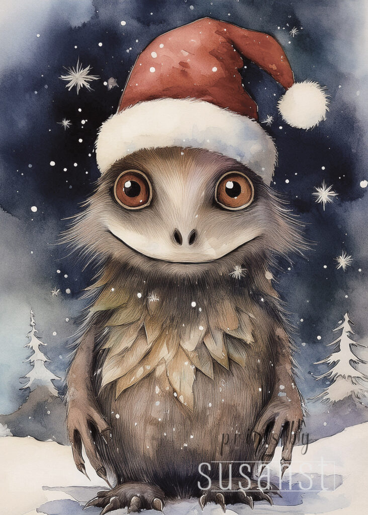 A Christmas card with a monster with a christmas hat