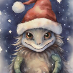 A Christmas card with a monster with a christmas hat