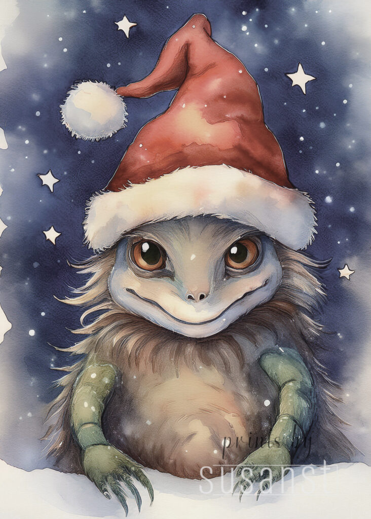 A Christmas card with a monster with a christmas hat