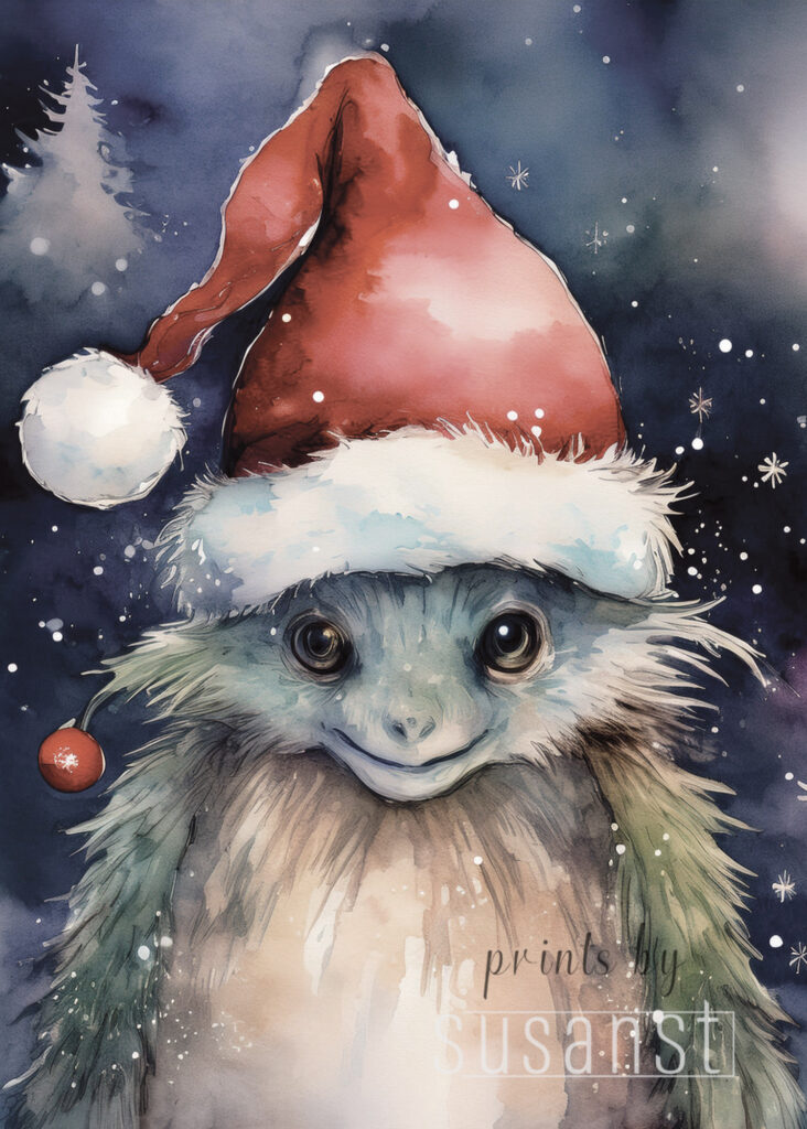 A Christmas card with a monster with a christmas hat