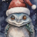 A Christmas card with a monster with a christmas hat
