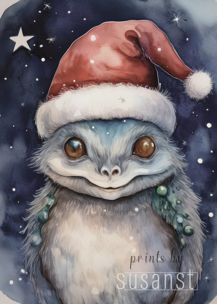 A Christmas card with a monster with a christmas hat