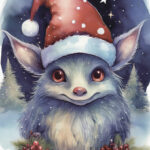 A Christmas card with a monster with a christmas hat