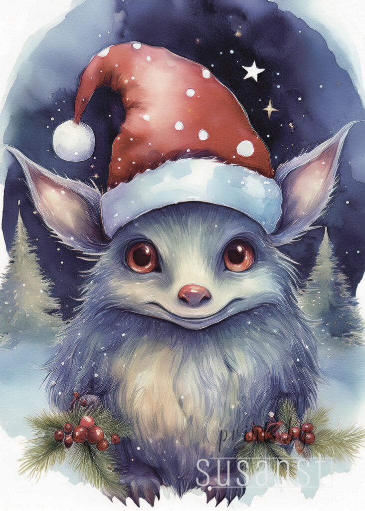 A Christmas card with a monster with a christmas hat