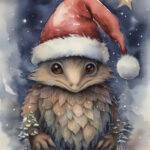 A Christmas card with a monster with a christmas hat