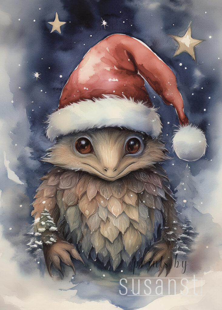 A Christmas card with a monster with a christmas hat