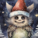 A Christmas card with a monster with a christmas hat