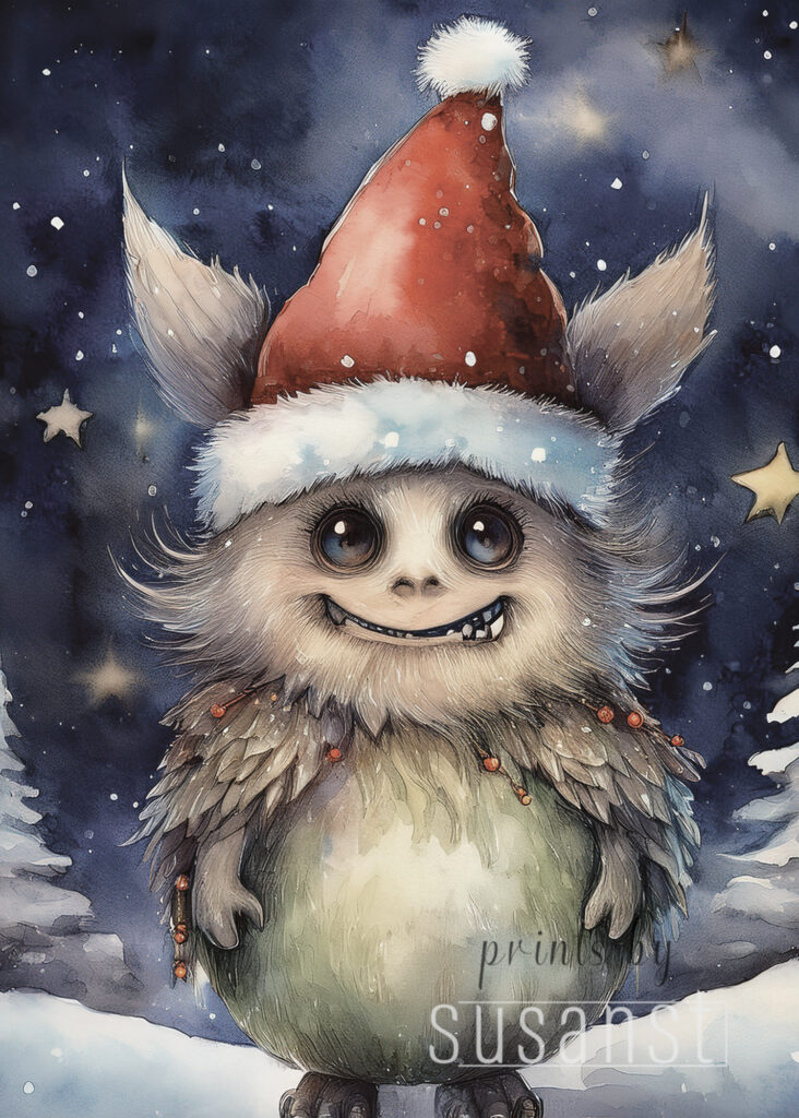 A Christmas card with a monster with a christmas hat