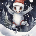 A Christmas card with a jumping monster
