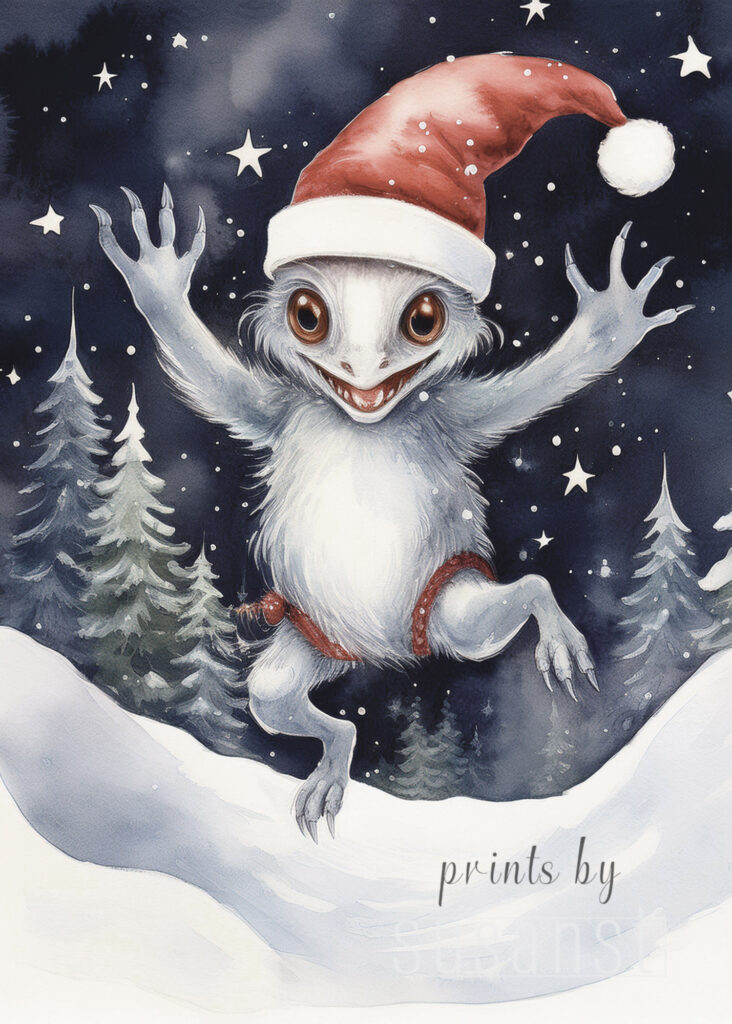A Christmas card with a jumping monster