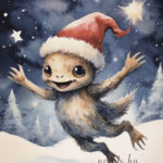 A Christmas card with a jumping monster