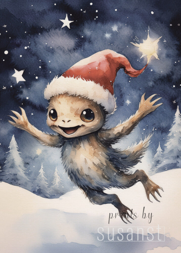 A Christmas card with a jumping monster