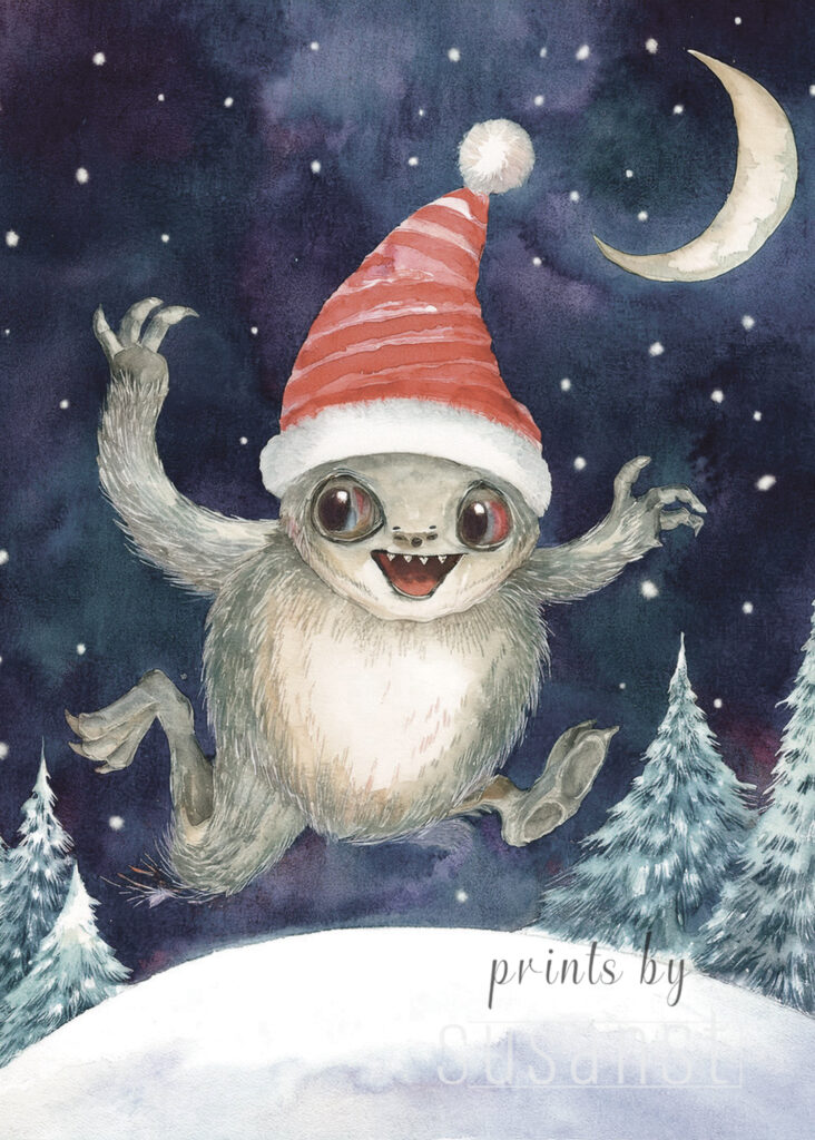 A Christmas card with a jumping monster
