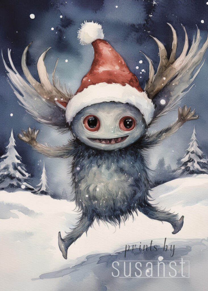 A Christmas card with a jumping monster