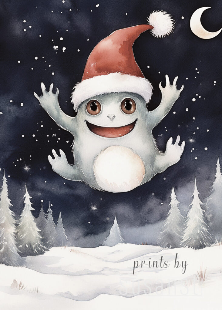 A Christmas card with a jumping monster