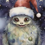 A Christmas card with a monster with a christmas hat