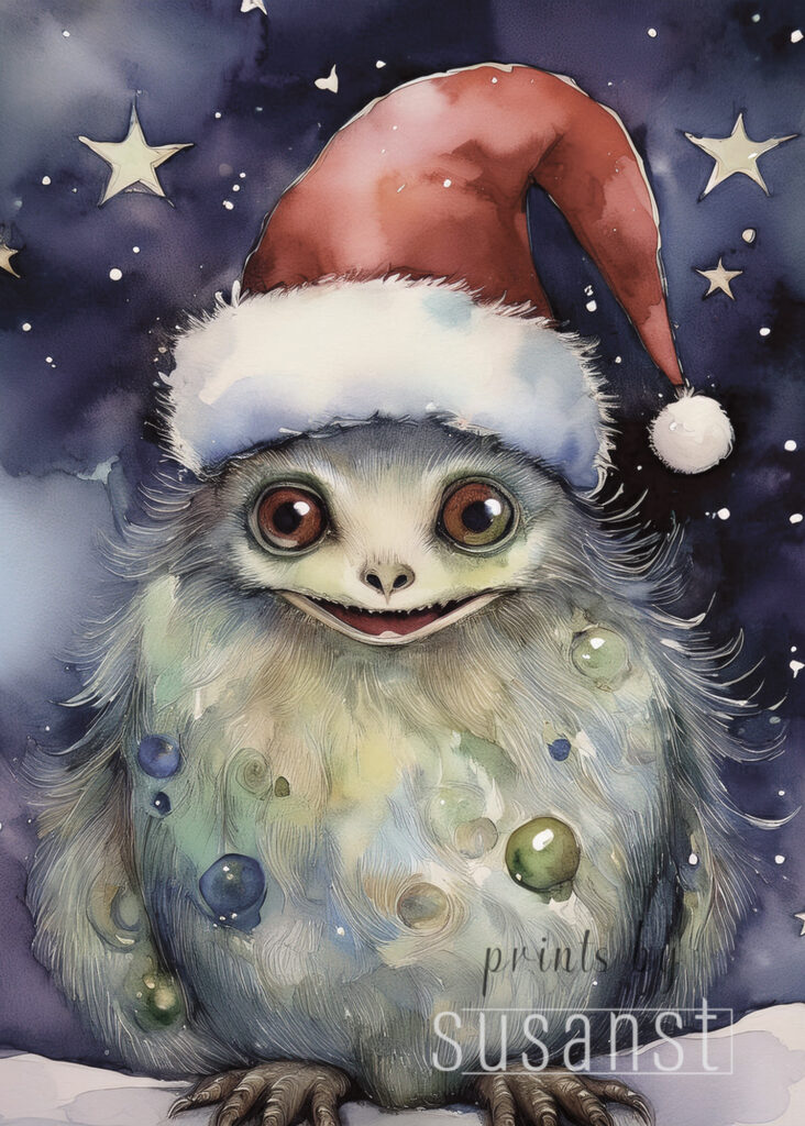 A Christmas card with a monster with a christmas hat