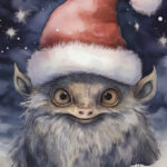 A Christmas card with a monster with a christmas hat